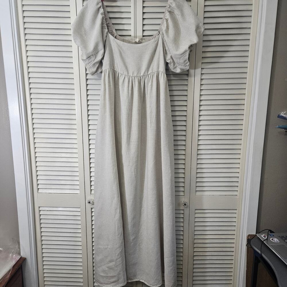 a.ren 100% Linen Puff Sleeve Maxi Dress Oatmeal L CottageCore Renaissance Boho